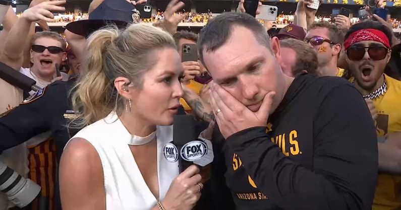 Emotional-Kenny-Dillingham-takes-off-during-postgame-interview-following-upset-of-Texas-Tech