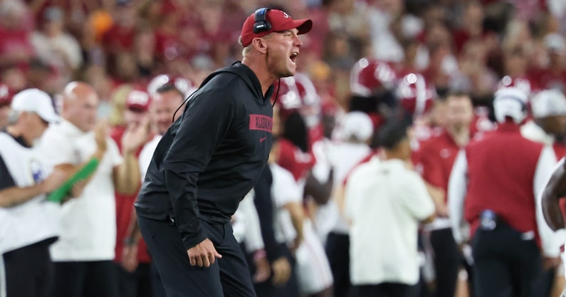 Oct 18, 2025; Tuscaloosa, Alabama, USA; Alabama Crimson Tide head coach Kalen DeBoer reacts during the first quarter against the Tennessee Volunteers at Saban Field at Bryant-Denny Stadium. Mandatory Credit: David Leong-Imagn Images