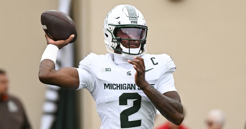 Michigan State Spartans quarterback Aidan Chiles (2) warms up prior to the game against the Indiana Hoosiers at Memorial Stadium. - Robert Goddin, USA TODAY Sports