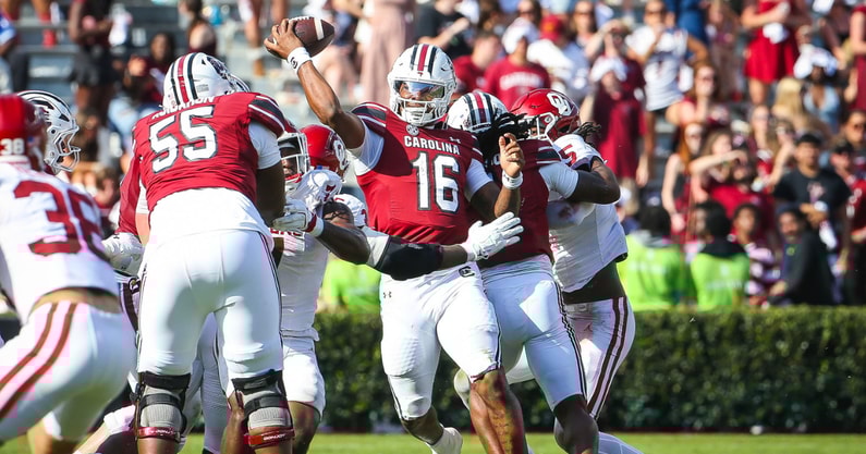 Oklahoma's pass rush getting to South Carolina quarterback LaNorris Sellers. Photo by: Katie Dugan | GamecockCentral