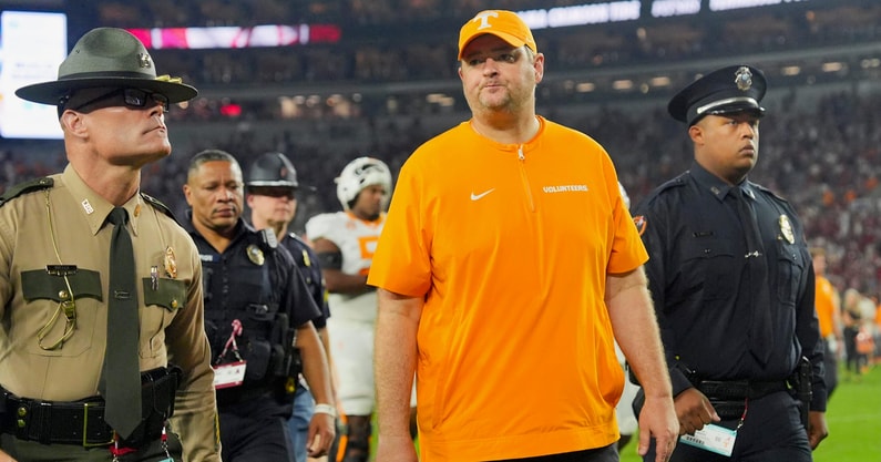 Brianna Paciorka/News Sentinel / USA TODAY NETWORK via Imagn Images | Tennessee coach Josh Heupel walks off the field after a college football game between Tennessee and Alabama at Bryant-Denny Stadium in Tuscaloosa, Ala., on Oct. 18, 2025.