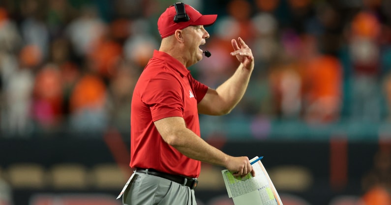 Oct 17, 2025; Miami Gardens, Florida, USA; Louisville Cardinals head coach Jeff Brohm reacts on the sideline against the Miami Hurricanes during the fourth quarter at Hard Rock Stadium. Mandatory Credit: Sam Navarro-Imagn Images