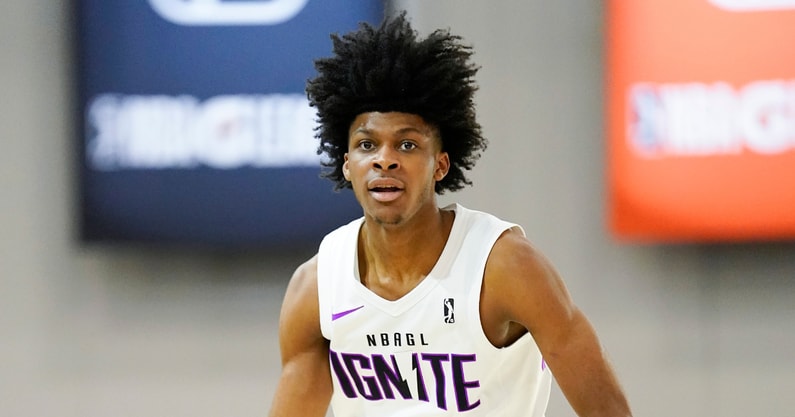 Dec 22, 2022; Las Vegas, NV, USA; NBA G League Ignite guard London Johnson (2) dribbles the ball during the first half against the Greensboro Swarm at Mandalay Bay Convention Center. Mandatory Credit: Lucas Peltier-Imagn Images
