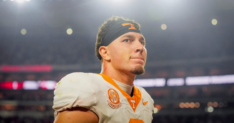 Brianna Paciorka/News Sentinel / USA TODAY NETWORK via Imagn Images | Tennessee quarterback Joey Aguilar (6) walks off the field as cigar smoke lingers in the air after a college football game between Tennessee and Alabama at Bryant-Denny Stadium in Tuscaloosa, Ala., on Oct. 18, 2025.