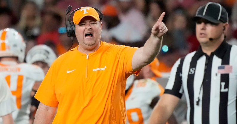 Oct 18, 2025; Tuscaloosa, Alabama, USA; Tennessee Volunteers head coach Josh Heupel reacts in the second quarter against the Alabama Crimson Tide at Saban Field at Bryant-Denny Stadium. Mandatory Credit: Gary Cosby-USA TODAY Network via Imagn Images