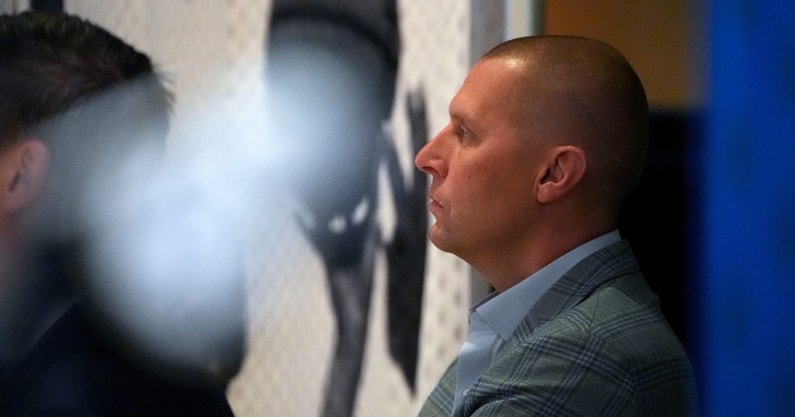 Oct 14, 2025; Birmingham, Alabama, USA; Kentucky head coach Mark Pope waits to speak at SEC Media Day in the Grand Bohemian Hotel. © Gary Cosby Jr. / USA TODAY NETWORK via Imagn Images