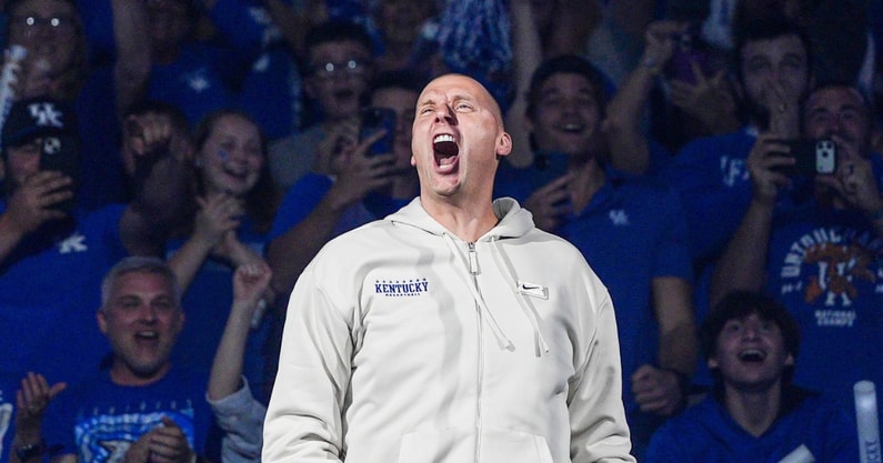 Kentucky Wildcats head coach Mark Pope being introduced at the 2025 Big Blue Madness at Rupp Arena in Lexington, Kentucky Saturday, Oct. 11, 2025. © Matt Stone/The Courier Journal / USA TODAY NETWORK via Imagn Images
