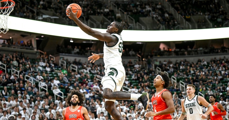 Michigan State's Coen Carr scores against Bowling Green during the second half on Thursday, Oct. 23, 2025, at the Breslin Center in East Lansing. - Nick King, USA TODAY Sports