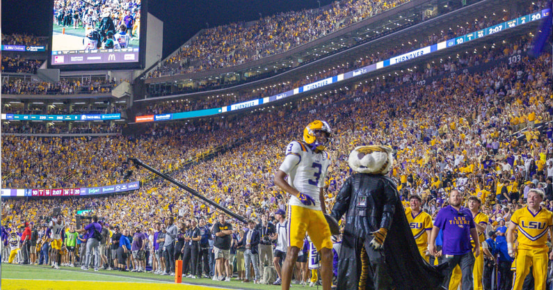Sep 13, 2025; Baton Rouge, Louisiana, USA; LSU Tigers cornerback DJ Pickett (3) reacts to intercepting the ball from Florida Gators quarterback DJ Lagway (not pictured) during the second half at Tiger Stadium. Mandatory Credit: Stephen Lew-Imagn Images