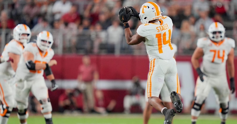 Brianna Paciorka/News Sentinel / USA TODAY NETWORK via Imagn Images | Tennessee wide receiver Braylon Staley (14) makes a catch during a college football game against Alabama at Bryant-Denny Stadium in Tuscaloosa, Ala., on Oct. 18, 2025.