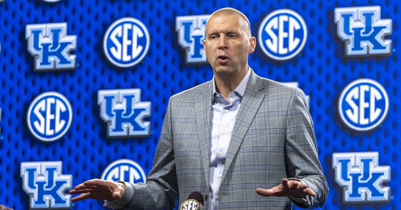Oct 14, 2025; Birmingham, AL, USA; Kentucky Wildcats head coach Mark Pope talks with the media during SEC Media Days at Grand Bohemian Hotel. Mandatory Credit: Vasha Hunt-Imagn Images