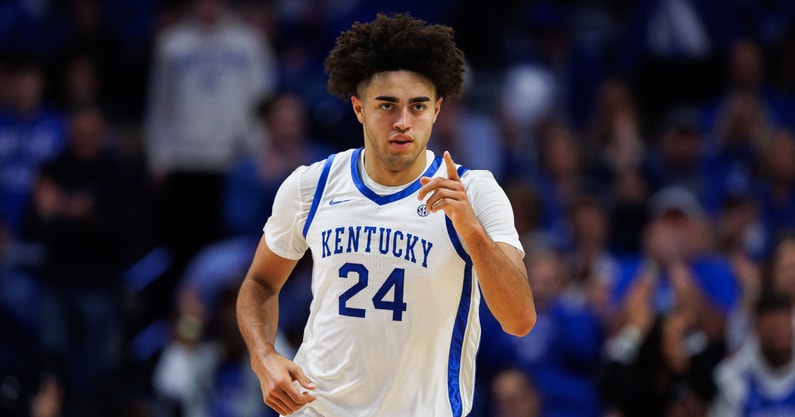 Oct 24, 2025; Lexington, KY, USA; Kentucky Wildcats center Malachi Moreno (24) reacts after scoring a basket during the first half against the Purdue Boilermakers at Rupp Arena at Central Bank Center. Mandatory Credit: Jordan Prather-Imagn Images
