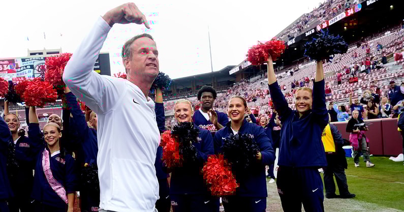 Ole Miss HC Lane Kiffin celebrates after beating Oklahoma