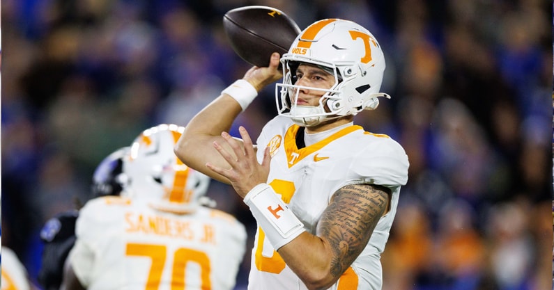 Oct 25, 2025; Lexington, Kentucky, USA; Tennessee Volunteers quarterback Joey Aguilar (6) throws a pass during the first quarter against the Kentucky Wildcats at Kroger Field. Mandatory Credit: Jordan Prather-Imagn Images