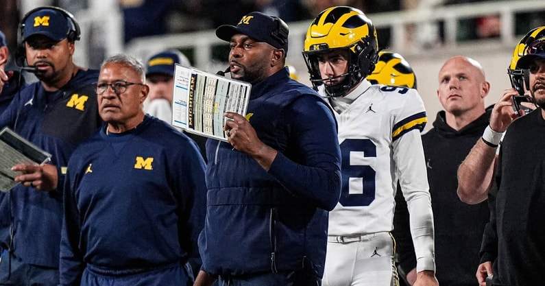 Michigan head coach Sherrone Moore watches a play against Michigan State during the first half at Spartan Stadium in East Lansing on Saturday, October 25, 2025. - Junfu Han, USA TODAY Sports