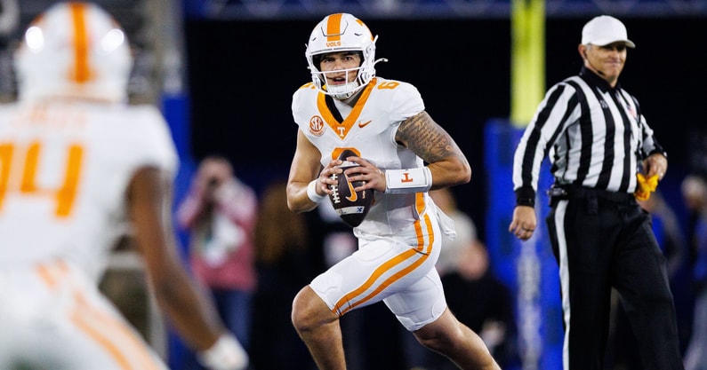 Oct 25, 2025; Lexington, Kentucky, USA; Tennessee Volunteers quarterback Joey Aguilar (6) looks down the field for a receiver during the second quarter against the Kentucky Wildcats at Kroger Field. Mandatory Credit: Jordan Prather-Imagn Images