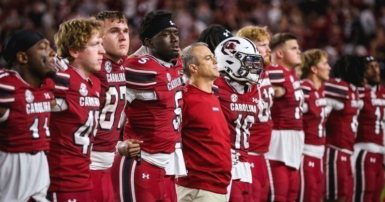 South Carolina football players and head coach Shane Beamer during the alma mater following the Alabama game on Oct. 25, 2025 (Katie Dugan | GamecockCentral.com)