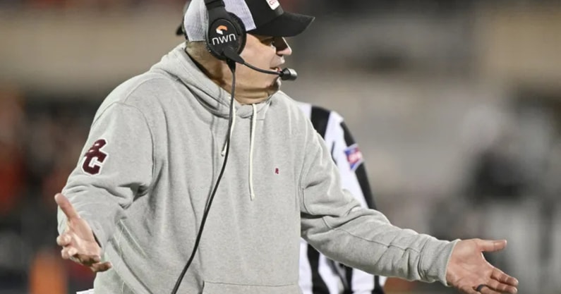 Boston College Eagles head coach Bill O'Brien questions a call during the second half against the Louisville Cardinals at L&N Federal Credit Union Stadium. Louisville defeated Boston College 38-24. Photo credit Jamie Rhodes/Imagn Images
