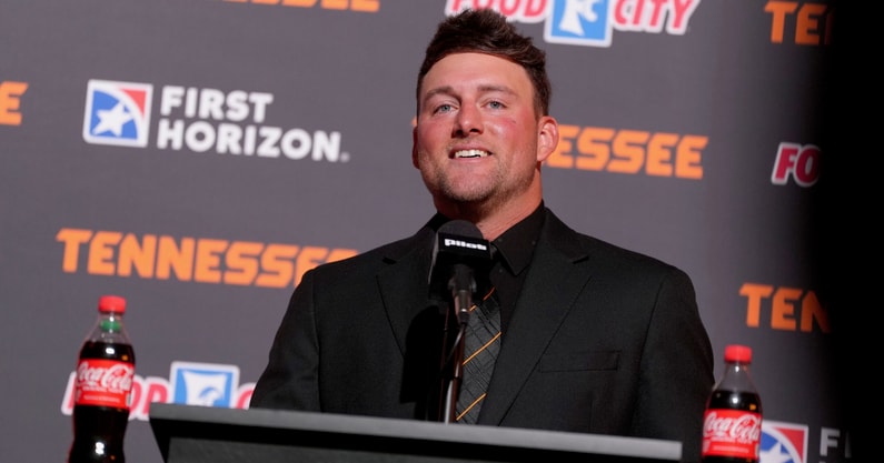 Saul Young/News Sentinel / USA TODAY NETWORK via Imagn Images | Josh Elander answers questions to the media as he is is formally introduced as Tennessee's baseball coach on October 27, 2025, in Knoxville, Tenn.