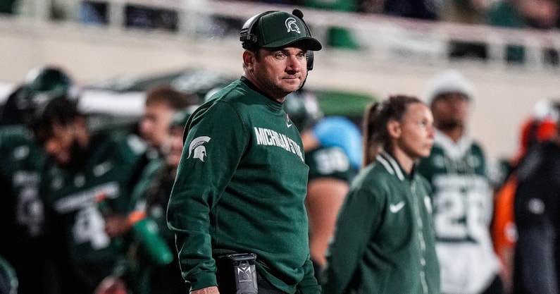 Michigan State head coach Jonathan Smith watches a play against Michigan during the second half at Spartan Stadium in East Lansing on Saturday, October 25, 2025. - Junfu Han, USA TODAY Sports