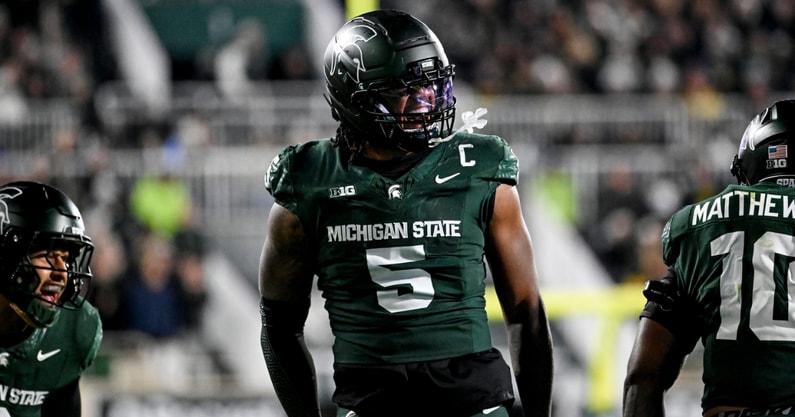 Michigan State's Jordan Hall celebrates after a stop against Michigan during the second quarter on Saturday, Oct. 25, 2025, at Spartan Stadium in East Lansing. - Nick King, USA TODAY Sports