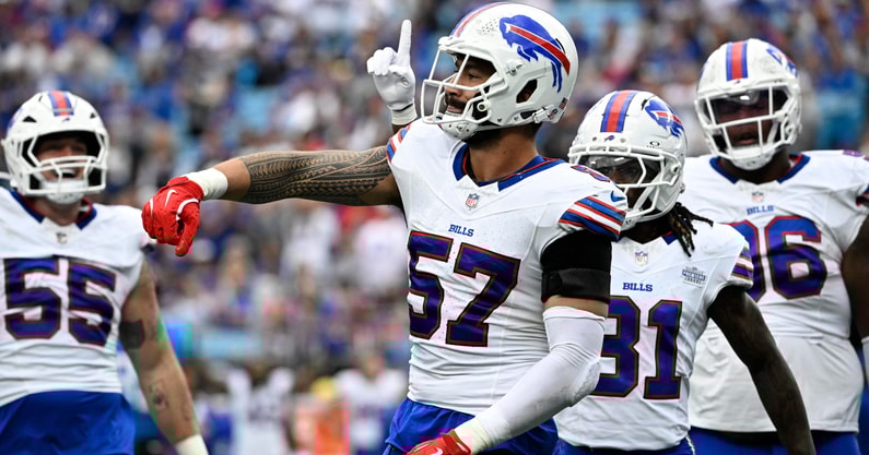 AJ Epenesa had an interception in the Bills win over Carolina. (Photo by Bob Donnan-Imagn Images)