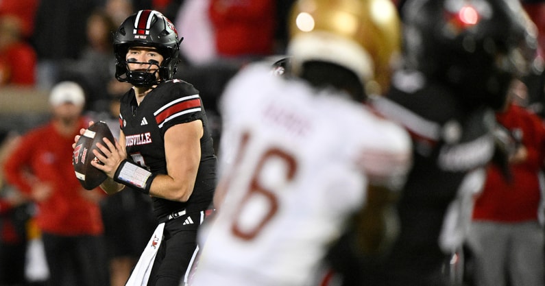 Oct 25, 2025; Louisville, Kentucky, USA; Louisville Cardinals quarterback Miller Moss (7) looks to pass against the Boston College Eagles during the second half at L&N Federal Credit Union Stadium. Louisville defeated Boston College 38-24. Mandatory Credit: Jamie Rhodes-Imagn Images