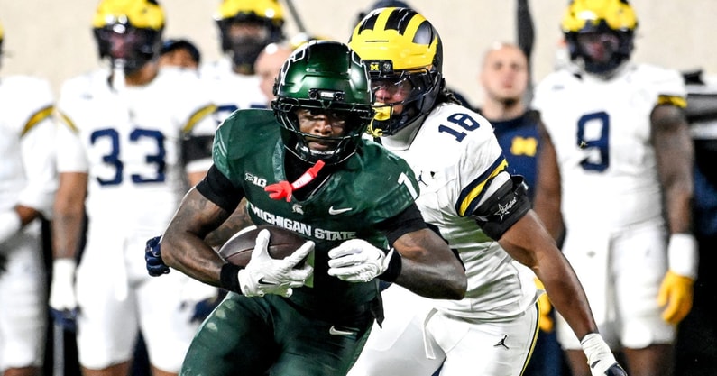 Michigan State's Omari Kelly runs after a catch against Michigan during the fourth quarter on Saturday, Oct. 25, 2025, at Spartan Stadium in East Lansing. - Nick King, USA TODAY Sports