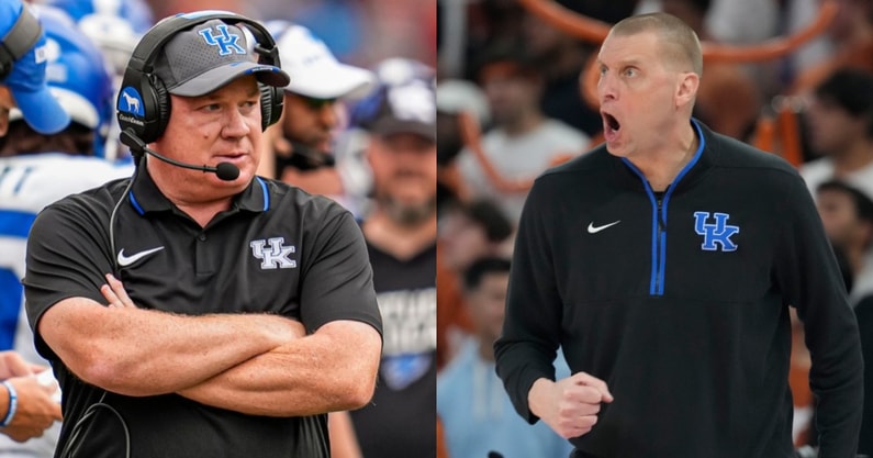Kentucky coaches Mark SToops and Mark Pope, via Dale Zanine, Scott Wachter, Imagn Images
