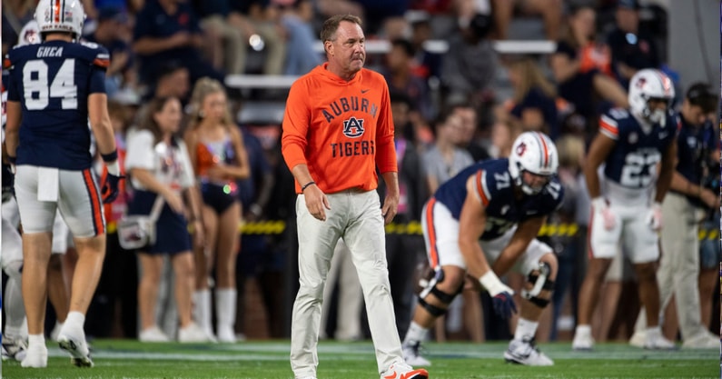 Auburn Tigers head coach Hugh Freeze walks the field during warm ups before Auburn Tigers take on Missouri Tigers at Jordan-Hare Stadium in Auburn, Ala. on Saturday, Oct. 18, 2025. (© Jake Crandall/ Advertiser / USA TODAY NETWORK via Imagn Images)