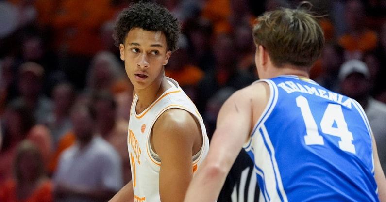 Saul Young/News Sentinel / USA TODAY NETWORK via Imagn Images | Tennessee forward Nate Ament (10) with the ball while guarded by Duke guard/forward Nikolas Khamenia (14) during a college basketball exhibition game on October 26, 2025, in Knoxville, Tenn.