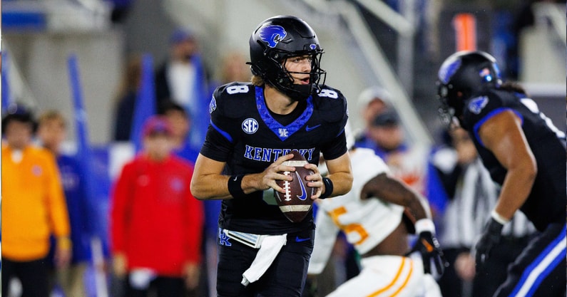Oct 25, 2025; Lexington, Kentucky, USA; Kentucky Wildcats quarterback Cutter Boley (8) looks down the field during the first quarter against the Tennessee Volunteers at Kroger Field. Mandatory Credit: Jordan Prather-Imagn Images