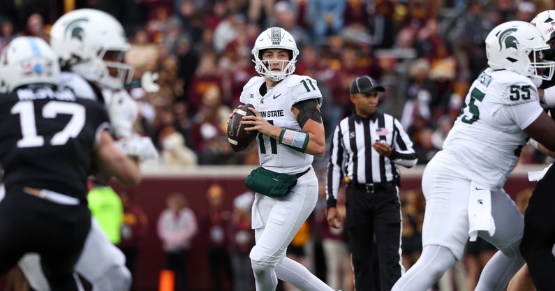 Michigan State Spartans quarterback Alessio Milivojevic (11) looks to pass against the Minnesota Golden Gophers during the first half at Huntington Bank Stadium. - Matt Krohn, USA TODAY Sports