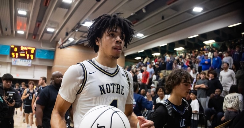Jan 4, 2025; Gilbert, AZ, USA; Notre Dame High School (CA) forward Tyran Stokes (4) against Sandra Day O'Connor (AZ) during the Hoophall West High School Invitational at Highland High School. Mandatory Credit: Mark J. Rebilas-Imagn Images
