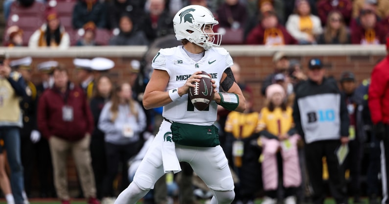 Michigan State Spartans quarterback Alessio Milivojevic (11) looks to pass against the Minnesota Golden Gophers during the first half at Huntington Bank Stadium. - Matt Krohn, USA TODAY Sports