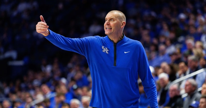 Oct 30, 2025; Lexington, KY, USA; Kentucky Wildcats head coach Mark Pope calls out to his players during the first half against the Georgetown Hoyas at Rupp Arena at Central Bank Center. Mandatory Credit: Jordan Prather-Imagn Images