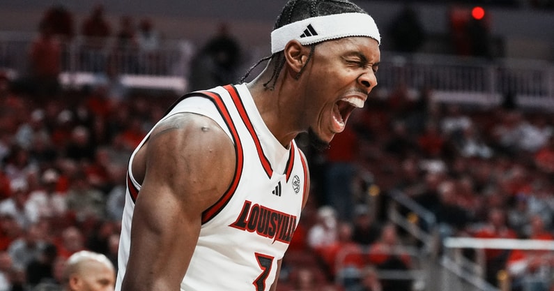 Louisville Cardinals guard Ryan Conwell (3) reacts after scoring two plus drawing the foul during the Cards' exhibition game against visiting Kansas at the KFC Yum! Center in Louisville, Kentucky Friday, October 24, 2025.