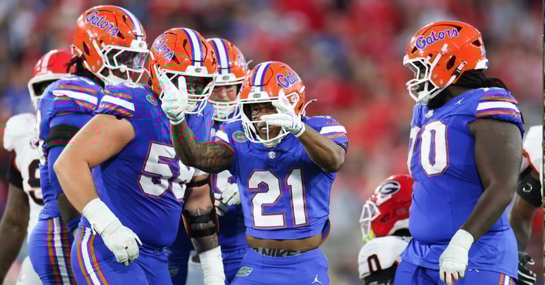 Nov 1, 2025; Jacksonville, Florida, USA; Florida Gators running back KD Daniels (21) celebrates a play in the second half against the Georgia Bulldogs at EverBank Stadium. Mandatory Credit: Matt Pendleton-Imagn Images