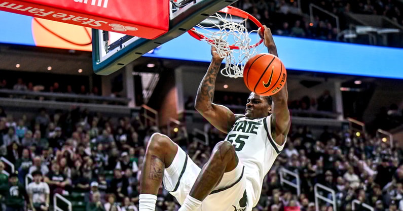 Michigan State's Coen Carr dunks against Colgate during the second half on Monday, Nov. 3, 2025, at the Breslin Center in East Lansing. - Nick King, USA TODAY Sports