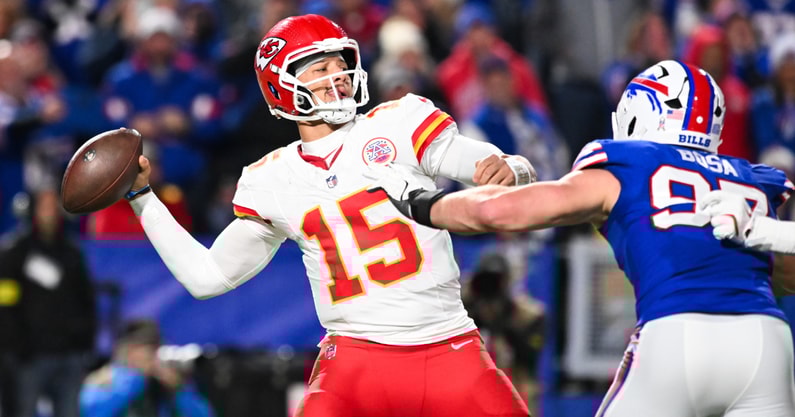 Nov 2, 2025; Orchard Park, New York, USA; Kansas City Chiefs quarterback Patrick Mahomes (15) throws the ball in the second half against the Buffalo Bills at Highmark Stadium.