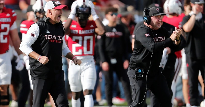 Texas Tech special teams coordinator Kenny Perry and head coach Joey McGuire (Photo by Stephen Garcia-Imagn Images)