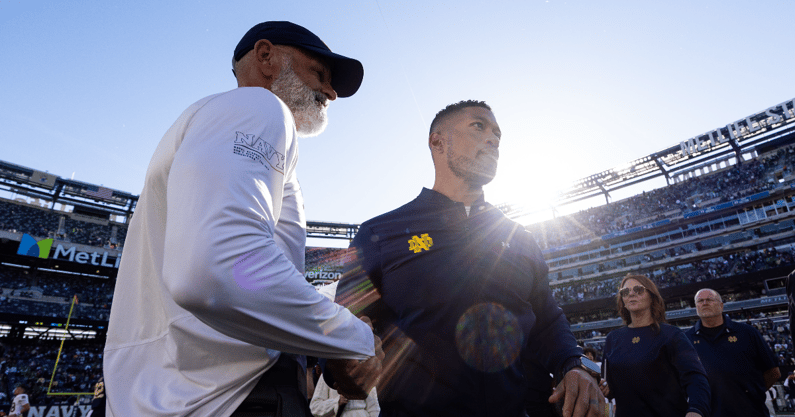 Navy coach Brian Newberry and Notre Dame coach Marcus Freeman