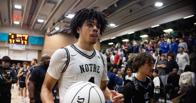 Jan 4, 2025; Gilbert, AZ, USA; Notre Dame High School (CA) forward Tyran Stokes (4) against Sandra Day O'Connor (AZ) during the Hoophall West High School Invitational at Highland High School. Mandatory Credit: Mark J. Rebilas-Imagn Images
