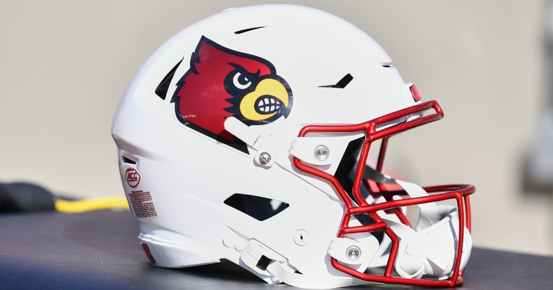 Nov 1, 2025; Blacksburg, Virginia, USA; A Louisville Cardinals football helmet is seen before the game against the Virginia Tech Hokies at Lane Stadium. Mandatory Credit: Brian Bishop-Imagn Images