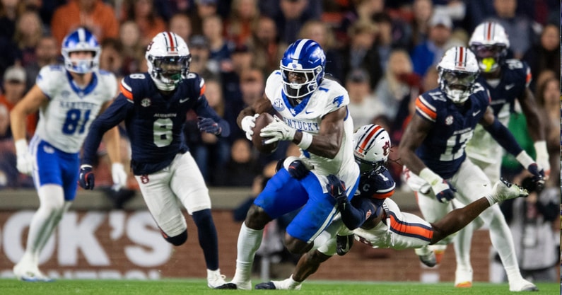 Kentucky Wildcats wide receiver Kendrick Law (1) runs upfield after a catch as Auburn Tigers take on Kentucky Wildcats at Jordan-Hare Stadium in Auburn, Ala. on Saturday, Nov. 1, 2025. (© Jake Crandall/ Advertiser / USA TODAY NETWORK via Imagn Images)