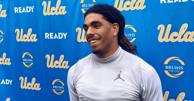 UCLA linebacker Donavyn Pellot talks with reporters after practice on Nov. 5, 2025.