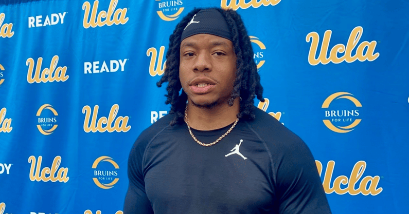 UCLA running back Jalen Berger talks with reporters after practice on Nov. 5, 2025. (Tracy McDannald | BruinBlitz)