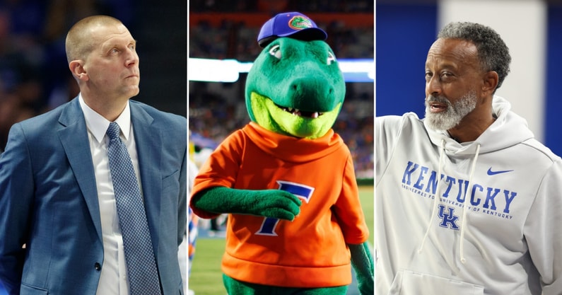 Photos of Mark Pope, Florida mascot, and Kenny Brooks via KSR and Imagn Images