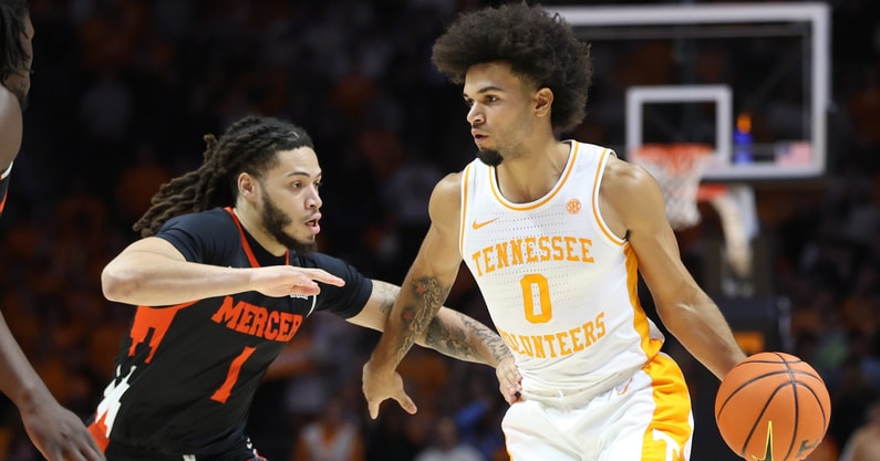 Randy Sartin-Imagn Images | Nov 3, 2025; Knoxville, Tennessee, USA; Tennessee Volunteers guard Ja'Kobi Gillespie (0) moves the ball against Mercer Bears guard Zaire Williams (1) during the first half at Thompson-Boling Arena at Food City Center.