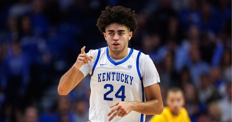 Nov 7, 2025; Lexington, Kentucky, USA; Kentucky Wildcats center Malachi Moreno (24) celebrates after making a basket during the first half against the Valparaiso Beacons at Rupp Arena at Central Bank Center. Mandatory Credit: Jordan Prather-Imagn Images